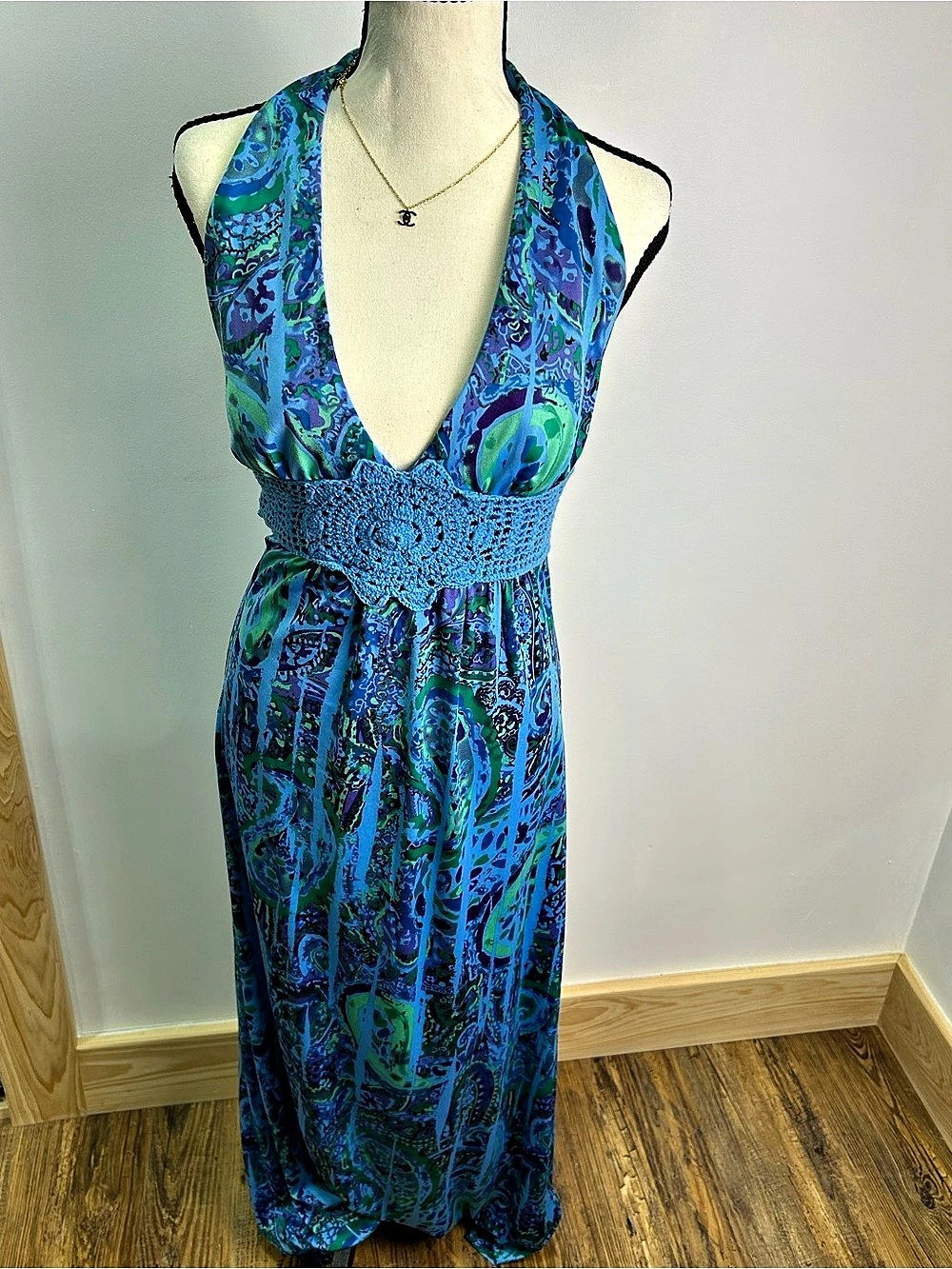 Sequin Hearts Abstract Halter Maxi Dress in Blue & Green Crochet Waist - Small